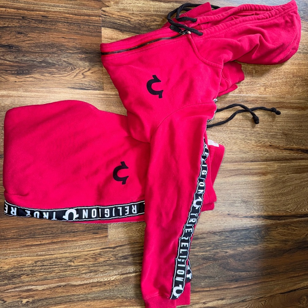 True Religion Red Sweatpants with Striped Detail